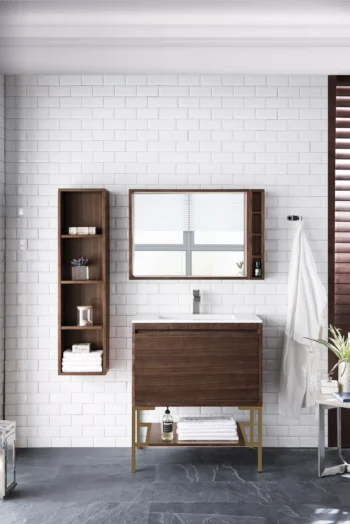 Milan 31.5" Single Vanity, Mid-Century Walnut, Radiant Gold w/ Glossy White Composite Stone Top - Image 2