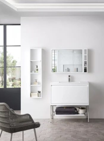 Milan 35.4" Single Vanity, Glossy White, Brushed Nickel w/ Glossy White Composite Stone Top - Image 2