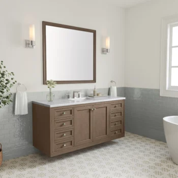 Chicago 60" Single Vanity, Whitewashed Walnut w/ 3 CM Arctic Fall Solid Surface Top - Image 5
