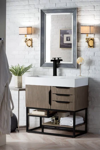 Columbia 36" Single Vanity, Ash Gray, Matte Black w/ Glossy White Composite Stone Top - Image 3