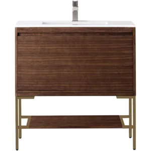 Milan 35.4″ Single Vanity, Mid-Century Walnut, Radiant Gold w/ Glossy White Composite Stone Top