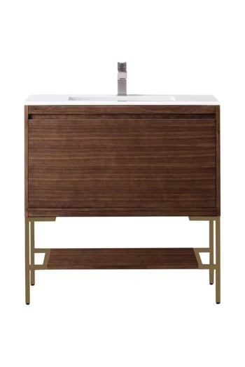 Milan 35.4" Single Vanity, Mid-Century Walnut, Radiant Gold w/ Glossy White Composite Stone Top