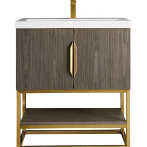 Columbia 31.5″ Single Vanity, Ash Gray, Radiant Gold, w/ White Glossy Composite Stone Top