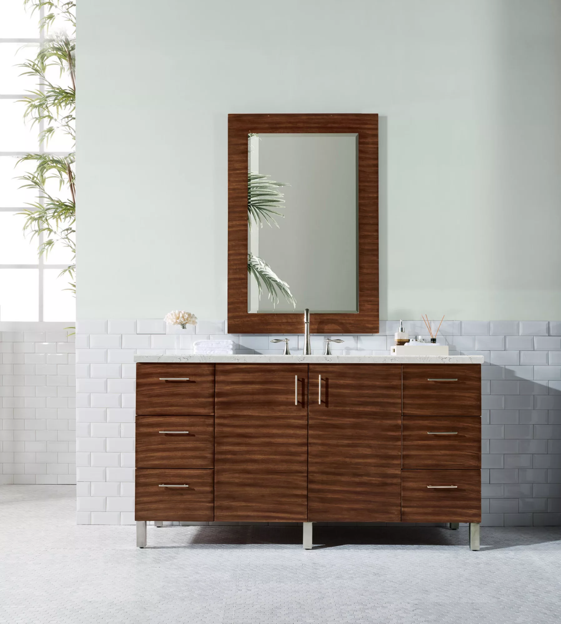 Metropolitan 60" Single Vanity, American Walnut w/ 3 CM Eternal Jasmine Pearl Quartz Top - Image 2