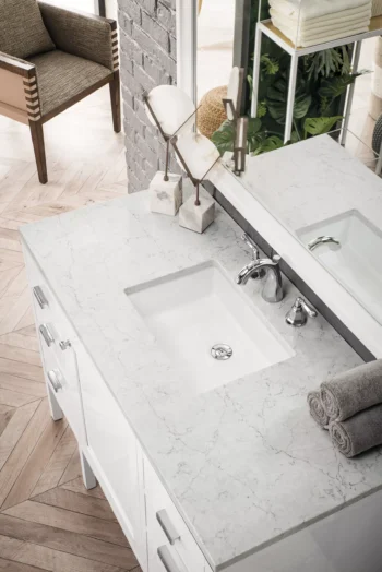 Addison 48" Single Vanity, Glossy White w/ 3 CM Eternal Jasmine Pearl Quartz Top - Image 3