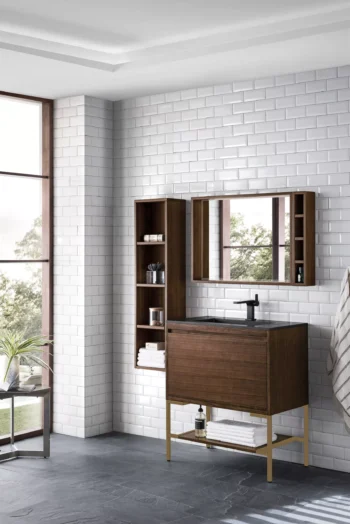 Milan 31.5" Single Vanity, Mid-Century Walnut, Radiant Gold w/ Charcoal Black Composite Stone Top - Image 3