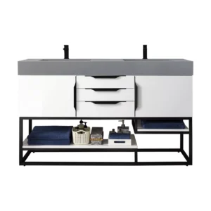 Columbia 59″ Double Vanity, Glossy White, Matte Black w/ Dusk Grey Glossy Composite Stone Top