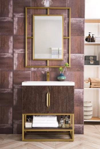 Columbia 31.5" Single Vanity, Coffee Oak, Radiant Gold, w/ Glossy White Composite Stone Top - Image 2