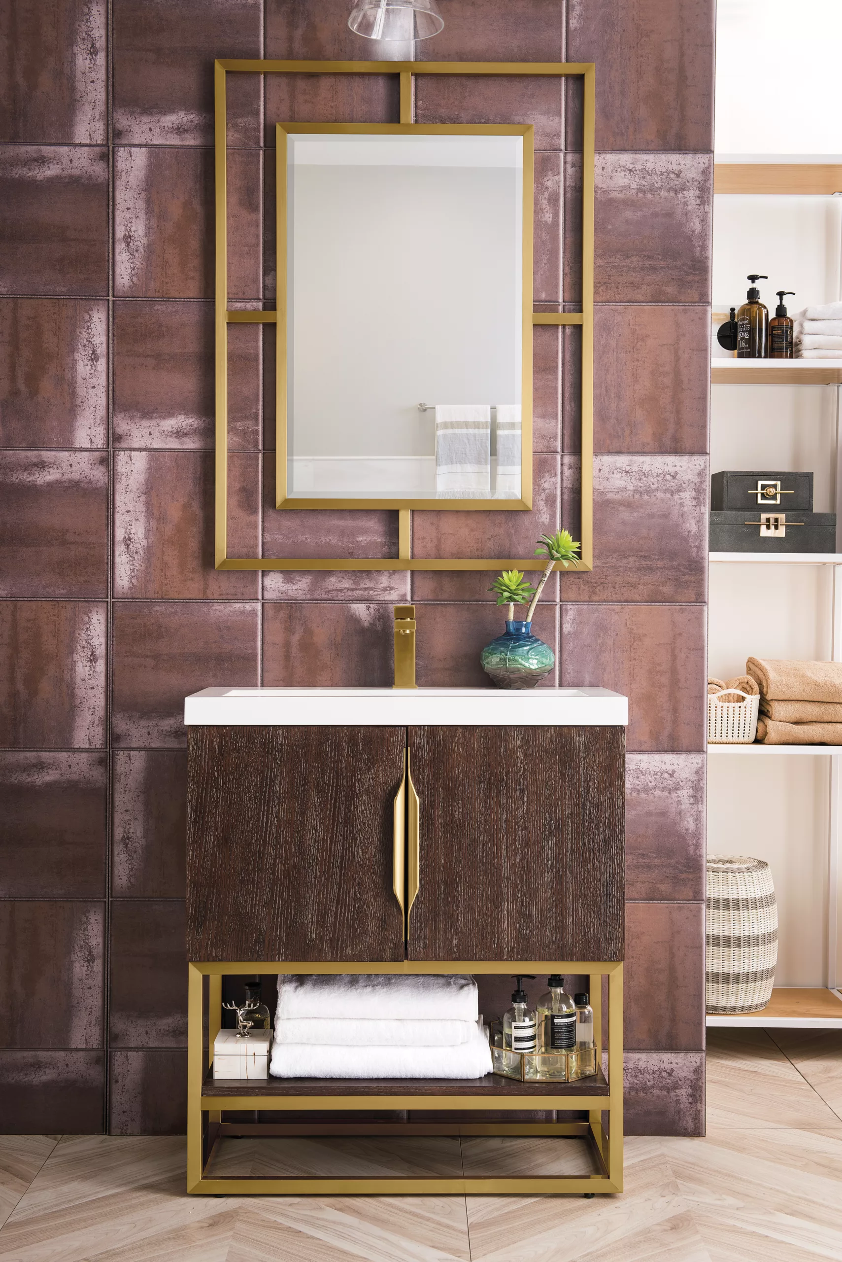 Columbia 31.5" Single Vanity, Coffee Oak, Radiant Gold, w/ Glossy White Composite Stone Top - Image 2