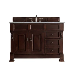 Brookfield 48″ Single Vanity, Burnished Mahogany w/ 3 CM Eternal Serena Quartz Top