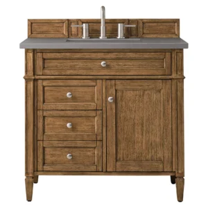 Brittany 36″ Single Vanity, Saddle Brown w/ 3 CM Grey Expo Top