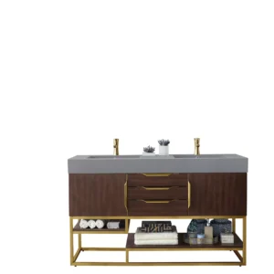 Columbia 59″ Double Vanity, Coffee Oak, Radiant Gold w/ Dusk Grey Glossy Composite Stone Top