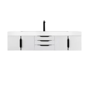 Mercer Island 72″ Single Vanity, Glossy White, Matte Black w/ Glossy White Composite Stone Top
