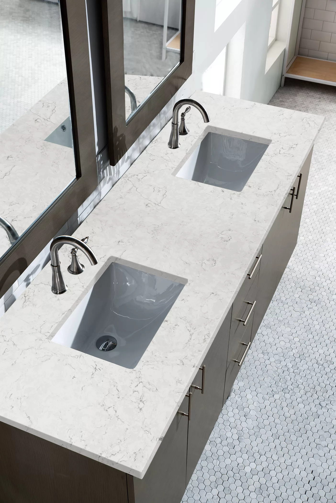 Metropolitan 72" Double Vanity, Silver Oak w/ 3 CM Eternal Jasmine Pearl Quartz Top - Image 3