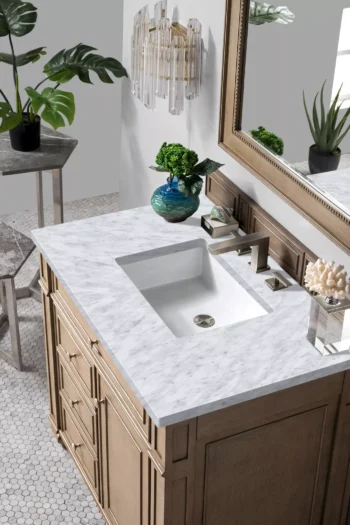 Bristol 36" Single Vanity, Whitewashed Walnut w/ 3 CM Carrara Marble Top - Image 4