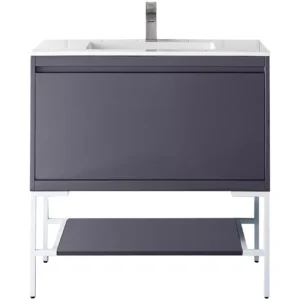 Milan 35.4″ Single Vanity, Modern Gray Glossy, Glossy White w/ Glossy White Composite Stone Top