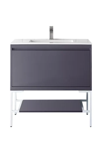 Milan 35.4" Single Vanity, Modern Gray Glossy, Glossy White w/ Glossy White Composite Stone Top