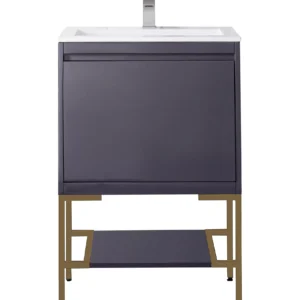 Milan 23.6″ Single Vanity, Modern Gray Glossy, Radiant Gold w/ Glossy White Composite Stone Top