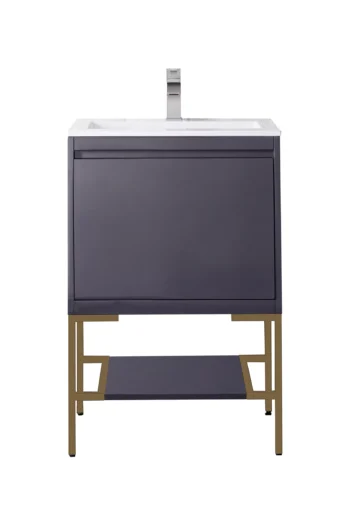 Milan 23.6" Single Vanity, Modern Gray Glossy, Radiant Gold w/ Glossy White Composite Stone Top