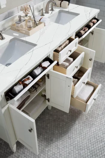 Brittany 72" Double Vanity, Bright White Vanity w/ 3 CM Ethereal Noctis Quartz Top - Image 4
