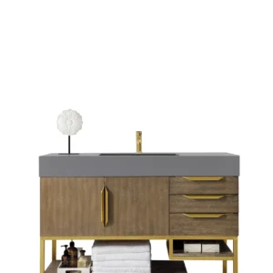 Columbia 48″ Single Vanity, Latte Oak, Radiant Gold w/ Dusk Grey Glossy Composite Stone Top