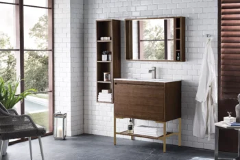 Milan 31.5" Single Vanity, Mid-Century Walnut, Radiant Gold w/ Glossy White Composite Stone Top - Image 3