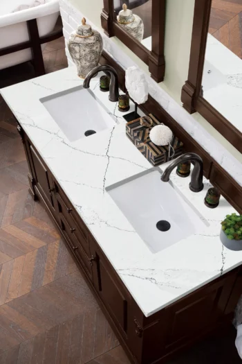 Brookfield 60" Double Vanity, Burnished Mahogany w/ 3 CM Ethereal Noctis Quartz Top - Image 3