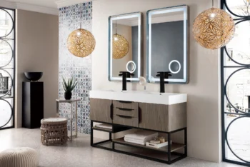 Columbia 59" Double Vanity, Ash Gray, Matte Black w/ Glossy White Composite Stone Top - Image 3