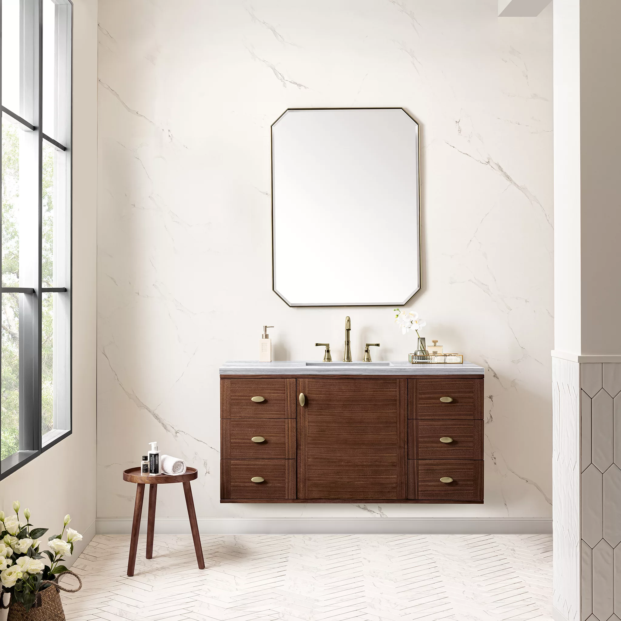 Amberly 48" Single Vanity, Mid-Century Walnut w/ 3 CM Arctic Fall Top - Image 4