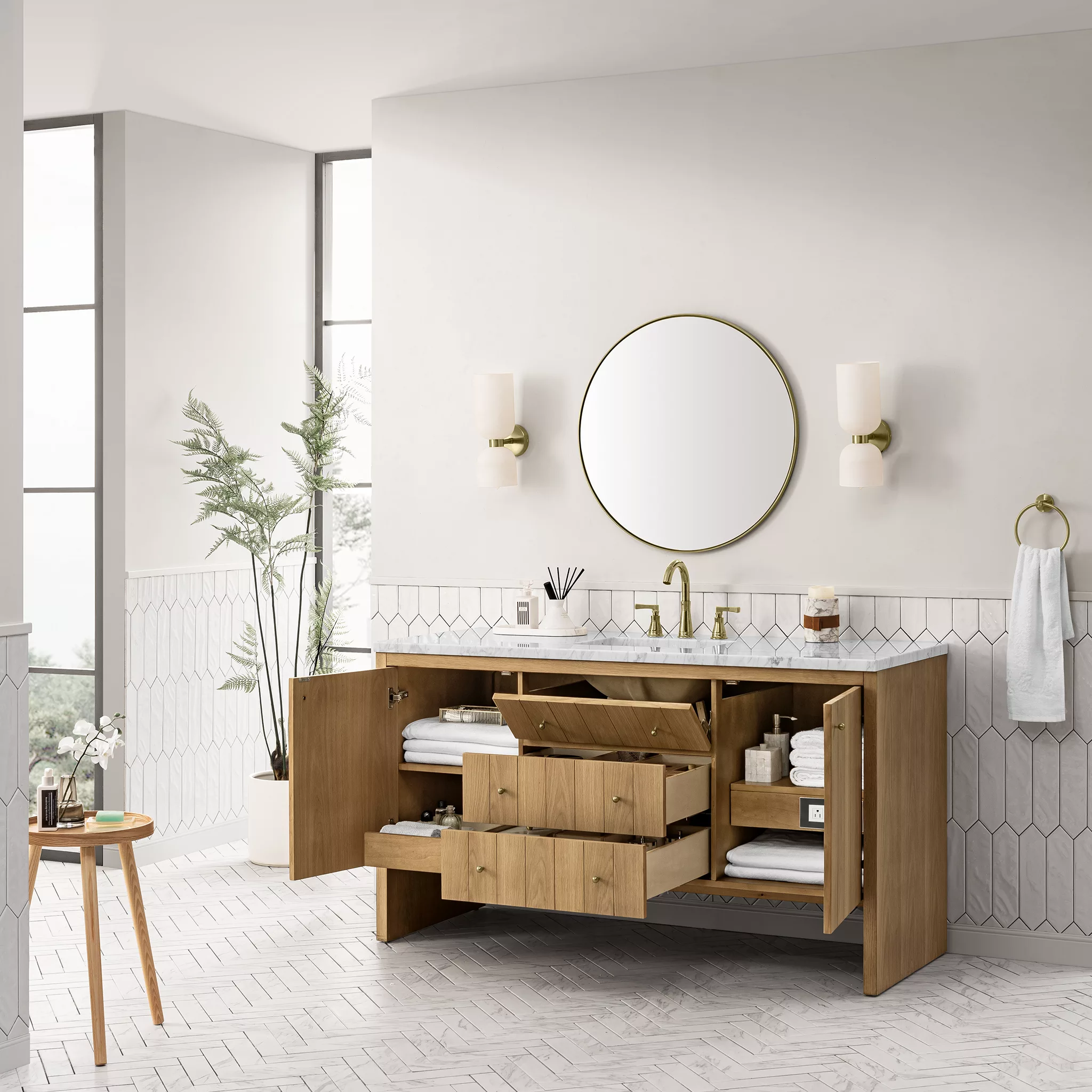 Hudson 60" Single Vanity, Light Natural Oak w/ 3 CM Arctic Fall Top - Image 5