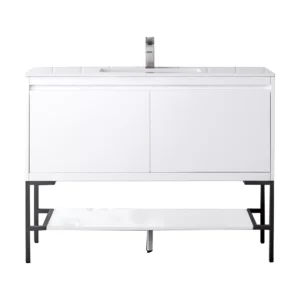 Milan 47.3″ Single Vanity, Glossy White, Matte Black w/ Glossy White Composite Stone Top