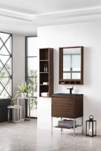 Mantova 23.6" Single Vanity, Mid-Century Walnut, Brushed Nickel Base w/ Charcoal Black Composite Stone Top - Image 3