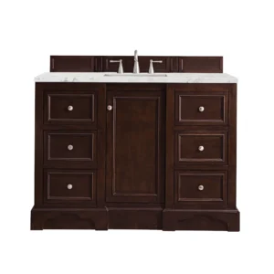 De Soto 48″ Single Vanity, Burnished Mahogany w/ 3 CM Eternal Jasmine Pearl Quartz Top