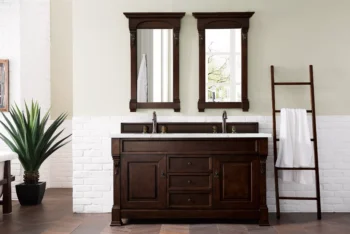 Brookfield 60" Double Vanity, Burnished Mahogany w/ 3 CM Eternal Jasmine Pearl Quartz Top - Image 2