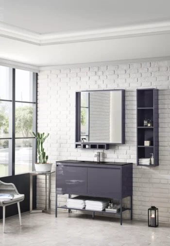 Milan 47.3" Single Vanity, Modern Gray Glossy, Matte Black w/ Charcoal Black Composite Stone Top - Image 3