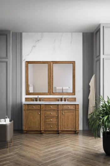 Bristol 60" Double Vanity, Saddle Brown w/ 3 CM Carrara Marble Top - Image 2