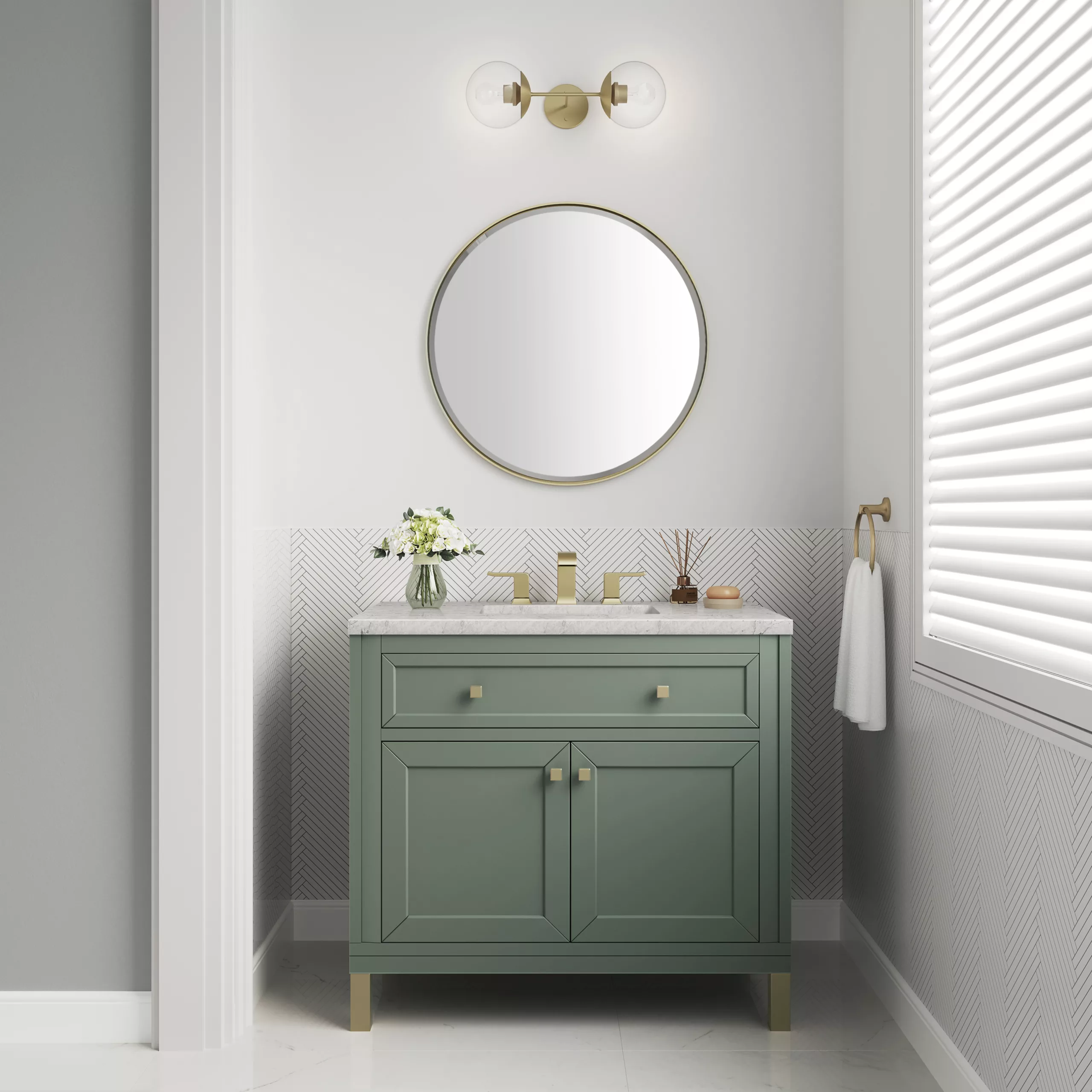 Chicago 36" Single Vanity, Smokey Celadon w/ 3 CM Eternal Jasmine Pearl Top - Image 3