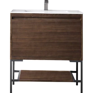 Mantova 31.5″ Single Vanity, Mid-Century Walnut, Matte Black Base w/ Glossy White Composite Stone Top