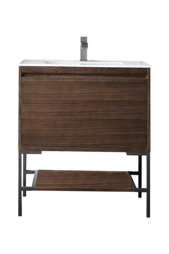 Mantova 31.5" Single Vanity, Mid-Century Walnut, Matte Black Base w/ Glossy White Composite Stone Top