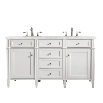 Brittany 60" Double Vanity, Bright White Vanity w/ 3 CM Eternal Jasmine Pearl Quartz Top