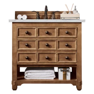 Malibu 36″ Single Vanity, Honey Alder w/ 3 CM Ethereal Noctis Quartz Top