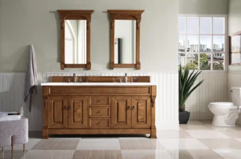 Brookfield 72" Double Vanity, Country Oak w/ 3 CM Arctic Fall Solid Surface Top - Image 2