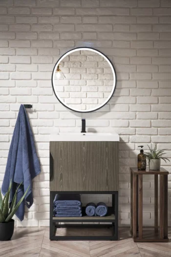 Columbia 24" Single Vanity, Ash Gray, Matte Black w/ White Glossy Composite Stone Top - Image 2