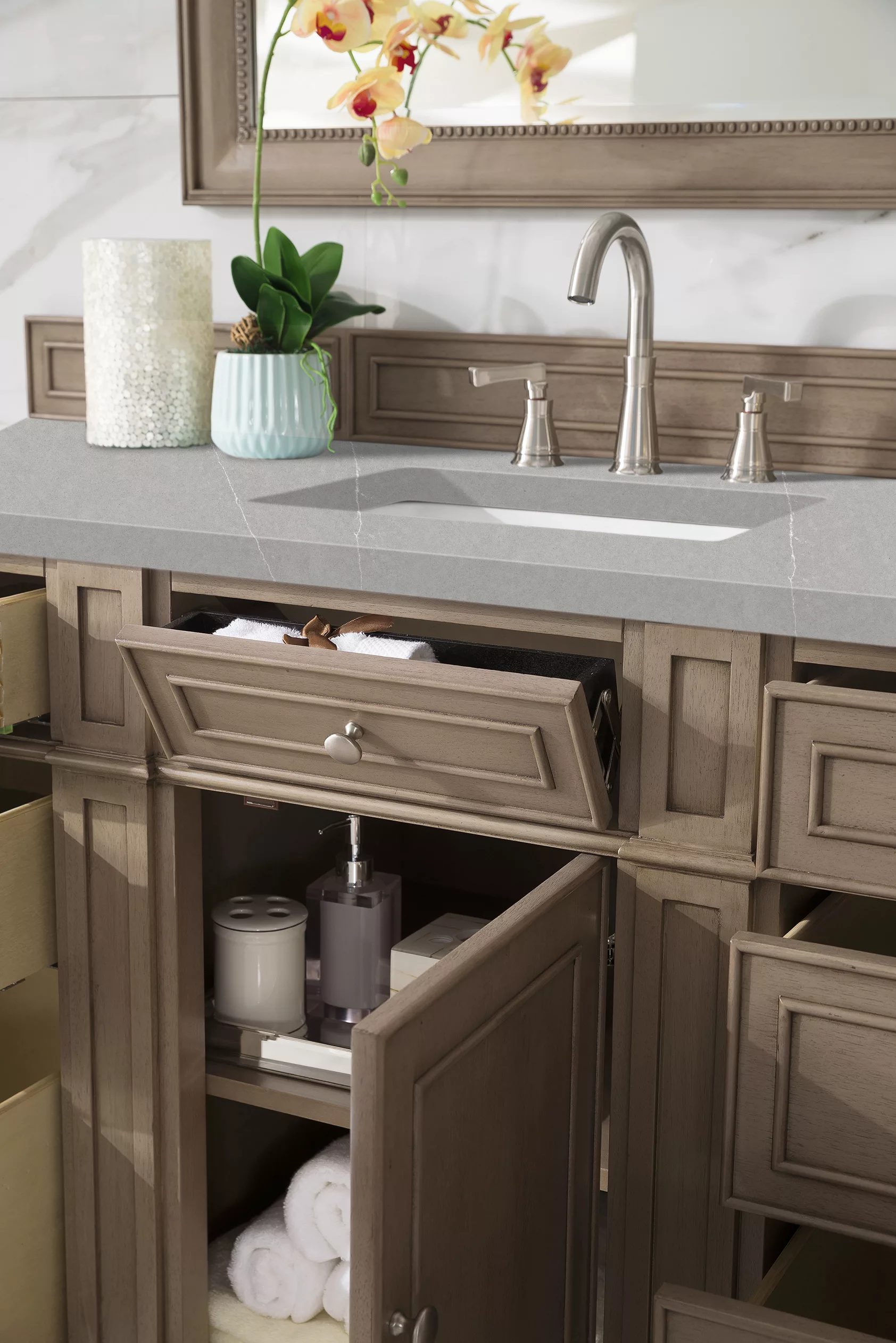 Bristol 60" Single Vanity, Whitewashed Walnut w/ 3 CM Eternal Serena Quartz Top - Image 4