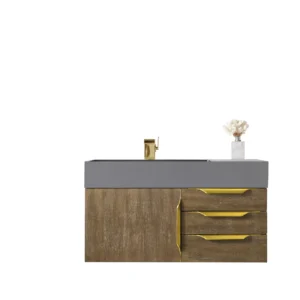 Mercer Island 36″ Single Vanity, Latte Oak, Radiant Gold w/ Dusk Grey Glossy Composite Stone Top