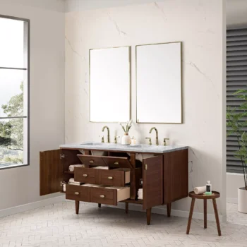 Amberly 60" Double Vanity, Mid-Century Walnut w/ 3 CM Carrara Marble Top - Image 7