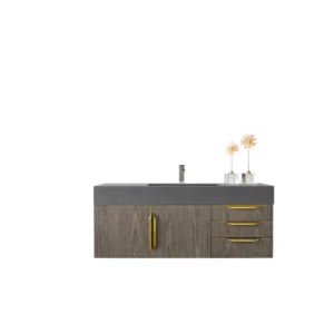 Mercer Island 48″ Single Vanity, Ash Gray, Radiant Gold w/ Dusk Grey Glossy Composite Stone Top
