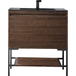 Mantova 31.5″ Single Vanity, Mid-Century Walnut, Matte Black Base w/ Charcoal Black Composite Stone Top