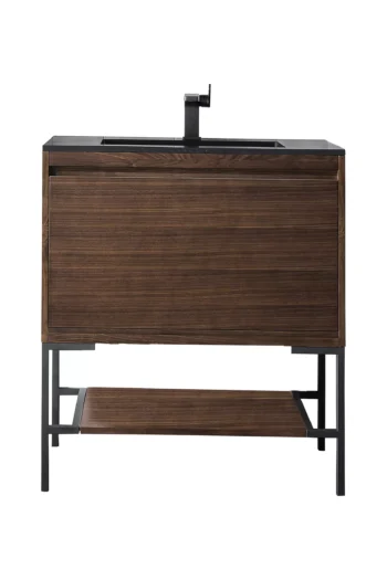 Mantova 31.5" Single Vanity, Mid-Century Walnut, Matte Black Base w/ Charcoal Black Composite Stone Top