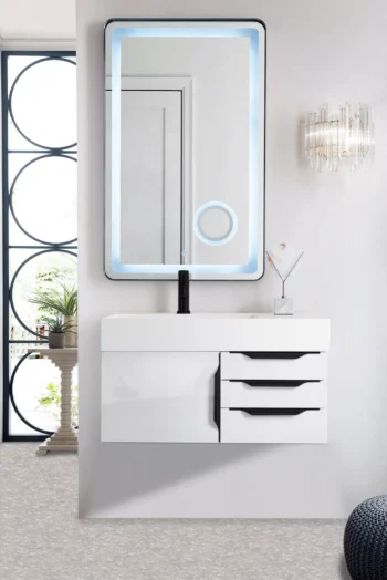 Mercer Island 36" Single Vanity, Glossy White, Matte Black w/ Glossy White Composite Stone Top - Image 2